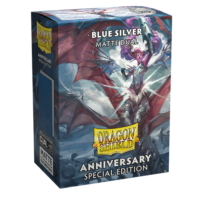 Supplies Arcane Tinmen - Dragon Shield Dual Sleeves - Standard Size - Matte - Anniversary Special Edition - Blue and Silver - Package of 100 - Cardboard Memories Inc.