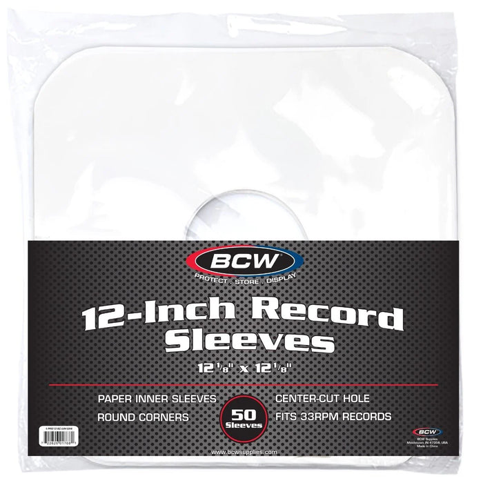 Supplies BCW - White Paper Record Sleeves with Hole - Rounded Corners - 12 1/8" x 12" - Package of 50 - Cardboard Memories Inc.