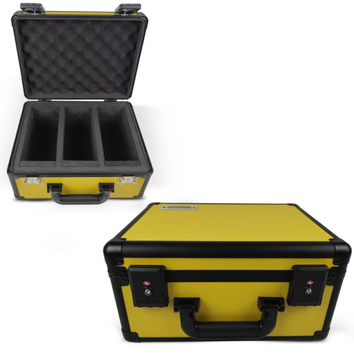 Comic Supplies Evoretro - Graded Card Storage Box - Heavy Duty - 3 Rows - Yellow and Aluminum with TSA Lock - Cardboard Memories Inc.