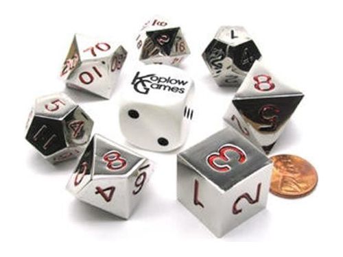 Dice Koplow Dice - Silver with Red Metal Dice - Set of 7 Polyhedral - Cardboard Memories Inc.