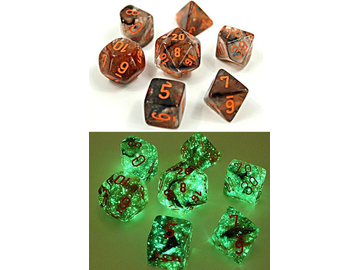 Dice Chessex Dice - Lab Dice - Heavy 7-Die Set - Copper Matrix-Orange Luminary - CHX 30040 - Cardboard Memories Inc.