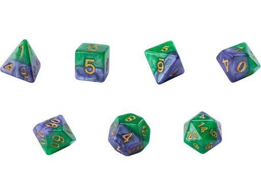 Dice Gate Keeper Games - Halfsies Dice - Gamma Green and Power Purple - Gamma Dice - Set of 7 - Cardboard Memories Inc.