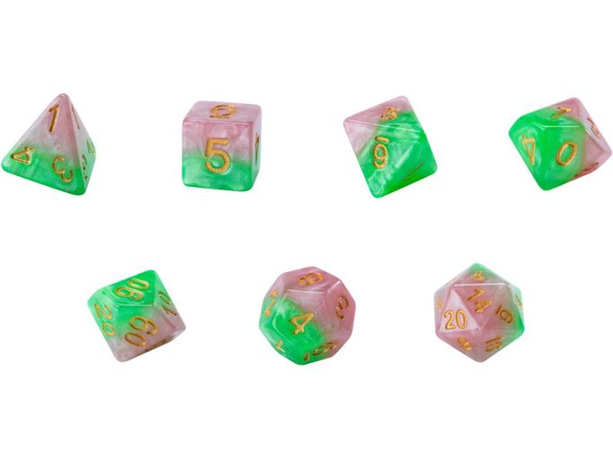 Dice Gate Keeper Games - Halfsies Dice - Rose Petal Pink and Thorn - Green Rose Dice - Set of 7 - Cardboard Memories Inc.