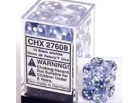 Dice Chessex Dice - Nebula Black with White - Set of 12 D6 - CHX 27608 - Cardboard Memories Inc.