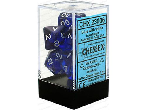 Dice Chessex Dice - Translucent Blue with White - Set of 7 - CHX 23006 - DISCONTINUED - Cardboard Memories Inc.