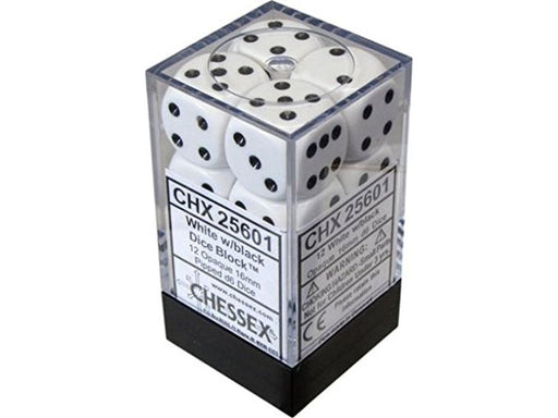 Dice Chessex Dice - Opaque White with Black - Set of 12 D6 - CHX 25601 - Cardboard Memories Inc.