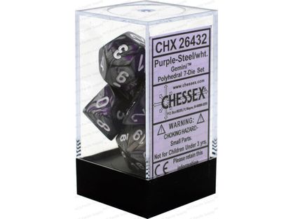 Dice Chessex Dice - Gemini Purple-Steel with White - Set of 7 - CHX 26432 - Cardboard Memories Inc.