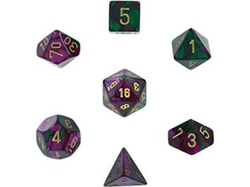 Dice Chessex Dice - Gemini Green-Purple with Gold - Set of 7 - CHX 26434 - Cardboard Memories Inc.