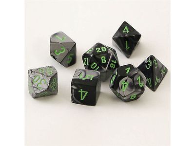 Dice Chessex Dice - Gemini Black-Grey with Green - Set of 7 - CHX 26445 - Cardboard Memories Inc.