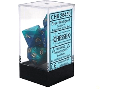 Dice Chessex Dice - Gemini Blue-Teal with Gold - Set of 7 - CHX 26459 - Cardboard Memories Inc.