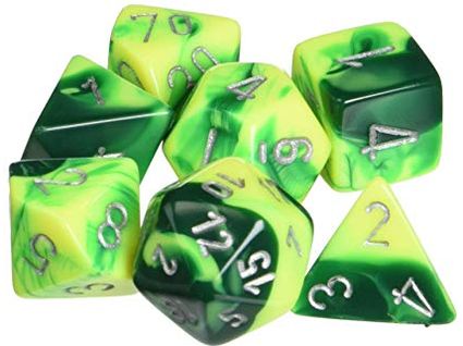 Dice Chessex Dice - Gemini Green-Yellow with Silver - Set of 7 - CHX 26454 - Cardboard Memories Inc.