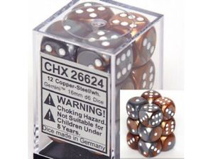 Dice Chessex Dice - Gemini Copper-Steal with White - Set of 12 D6 - CHX 26624 - Cardboard Memories Inc.