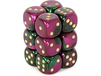 Dice Chessex Dice - Gemini Green-Purple with Gold - Set of 12 D6 - CHX 26634 - Cardboard Memories Inc.