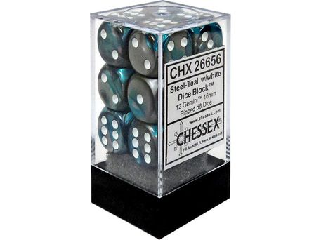 Dice Chessex Dice - Gemini Steel-Teal with White - Set of 12 D6 - CHX 26656 - Cardboard Memories Inc.