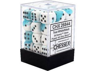Dice Chessex Dice - Gemini Teal-White with Black - Set of 36 D6 - CHX 26844 - Cardboard Memories Inc.