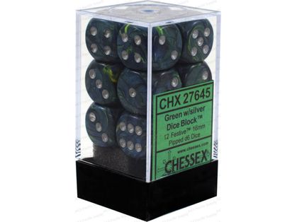 Dice Chessex Dice - Festive Green with Silver - Set of 12 D6 - CHX 27645 - Cardboard Memories Inc.
