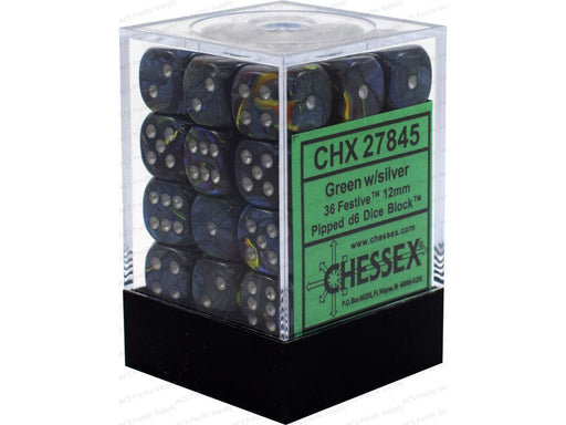 Dice Chessex Dice - Festive Green with Silver - Set of 36 D6 - CHX 27845 - Cardboard Memories Inc.