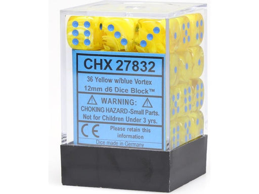 Dice Chessex Dice - Vortex Yellow with Blue - Set of 36 D6 - CHX 27832 - Cardboard Memories Inc.