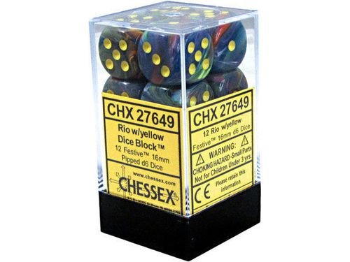 Dice Chessex Dice - Rio with Yellow - Set of 12 D6 - CHX 27649 - Cardboard Memories Inc.