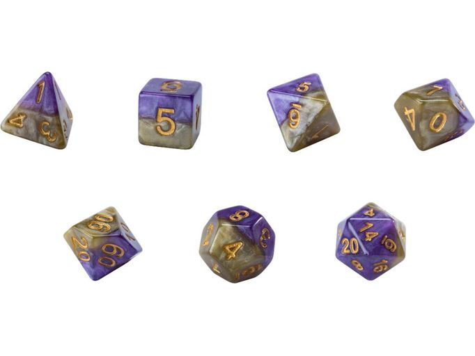 Dice Gate Keeper Games - Halfsies Dice - Royal Purple and Soft Gold - Queen's Dice - Set of 7 - Cardboard Memories Inc.