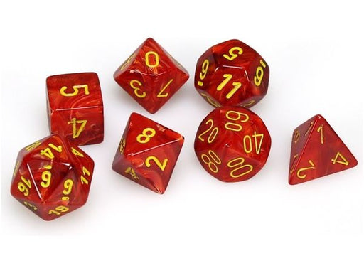 Dice Chessex Dice - Vortex Red with Yellow - Set of 7 - CHX 27444 - Cardboard Memories Inc.