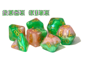 Dice Gate Keeper Games - Halfsies Dice - Rose Petal Pink and Thorn - Green Rose Dice - Set of 7 - Cardboard Memories Inc.