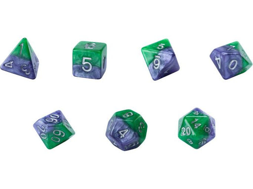 Dice Gate Keeper Games - Halfsies Dice - Puzzling Purple and Grin - Green Joker - Set of 7 - Cardboard Memories Inc.