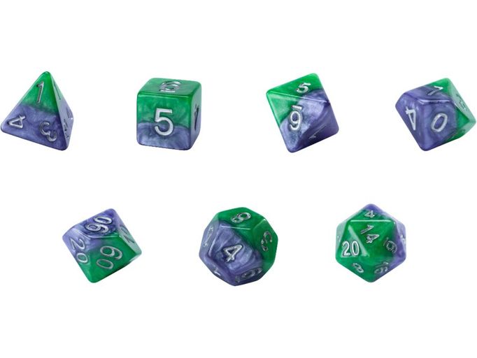 Dice Gate Keeper Games - Halfsies Dice - Puzzling Purple and Grin - Green Joker - Set of 7 - Cardboard Memories Inc.