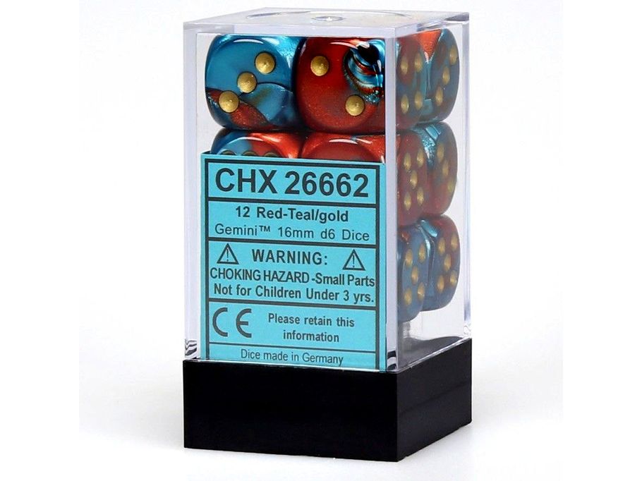 Dice Chessex Dice - Gemini Red-Teal with Gold - Set of 12 D6 - CHX 26662 - Cardboard Memories Inc.