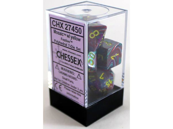 Dice Chessex Dice - Festive Mosaic with Yellow - Set of 7 - CHX 27450 - Cardboard Memories Inc.