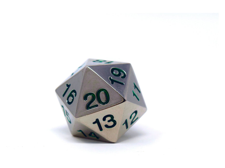 Dice Koplow Dice - Silver with Green Metal Dice - Countdown D20 - Cardboard Memories Inc.