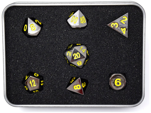 Dice Die Hard Dice - RPG Metal Sinister Chrome with Yellow - Set of 7 - Cardboard Memories Inc.