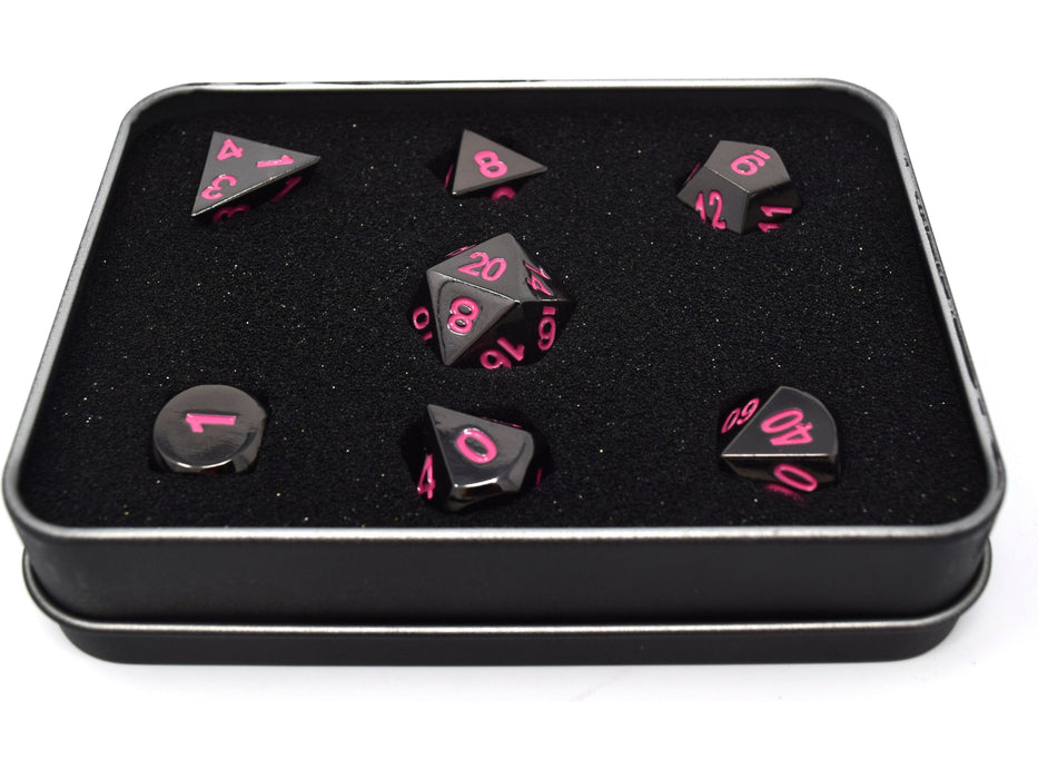 Dice Die Hard Dice - RPG Metal Sinister Chrome with Pink - Set of 7 - Cardboard Memories Inc.