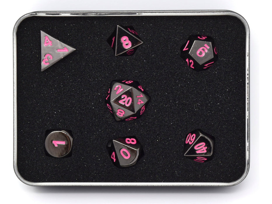 Dice Die Hard Dice - RPG Metal Sinister Chrome with Pink - Set of 7 - Cardboard Memories Inc.