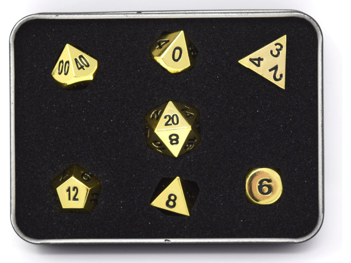 Dice Die Hard Dice - RPG Metal Shiny Gold with Black - Set of 7 - Cardboard Memories Inc.