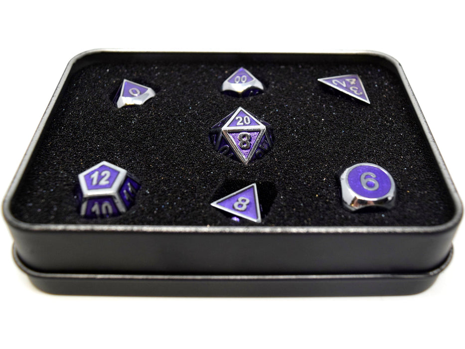 Dice Die Hard Dice - RPG Gemstone Metal Silver Amethyst - Set of 7 - Cardboard Memories Inc.