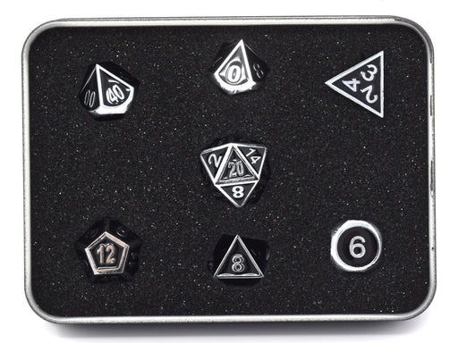 Dice Die Hard Dice - Gothica Metal Shiny Silver with Black - Set of 7 - Cardboard Memories Inc.