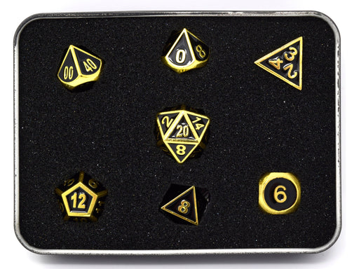 Dice Die Hard Dice - Gothica Metal Shiny Gold with Black - Set of 7 - Cardboard Memories Inc.