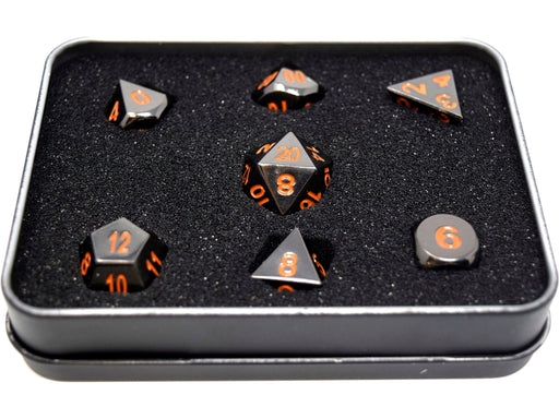 Dice Die Hard Dice - RPG Metal Sinister Chrome with Orange - Set of 7 - Cardboard Memories Inc.