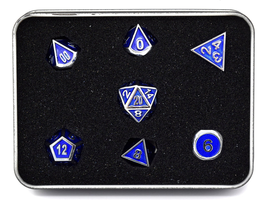 Dice Die Hard Dice - Metal Gemstone Silver Sapphire - Set of 7 - Cardboard Memories Inc.