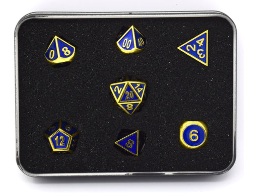 Dice Die Hard Dice - Metal Gemstone Gold Sapphire - Set of 7 - Cardboard Memories Inc.