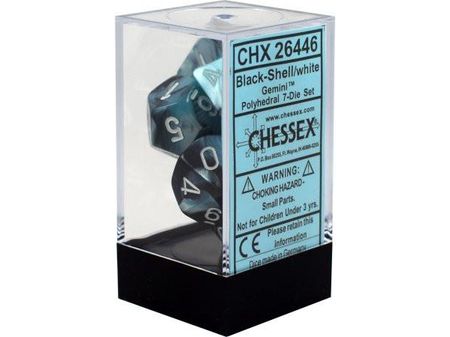 Dice Chessex Dice - Gemini Black-Shell with White - Set of 7 - CHX 26446 - Cardboard Memories Inc.