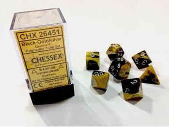 Dice Chessex Dice - Gemini Black-Gold with Silver - Set of 7 - CHX 26451 - Cardboard Memories Inc.