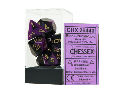 Dice Chessex Dice - Gemini Black-Purple with Gold - Set of 7 - CHX 26440 - Cardboard Memories Inc.