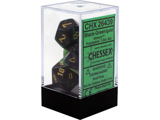 Dice Chessex Dice - Gemini Black-Green with Gold - Set of 7 - CHX 26439 - Cardboard Memories Inc.