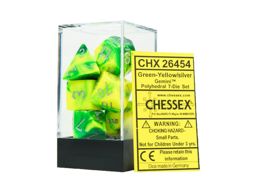 Dice Chessex Dice - Gemini Green-Yellow with Silver - Set of 7 - CHX 26454 - Cardboard Memories Inc.