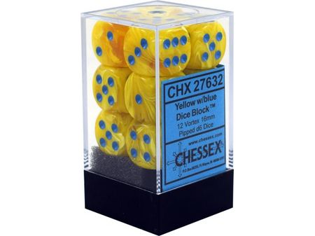 Dice Chessex Dice - Vortex Yellow with Blue - Set of 12 D6 - CHX 27632 - Cardboard Memories Inc.