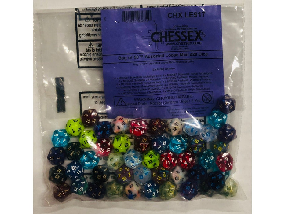 Dice Chessex Dice - 50 Loose Mini D20 Dice - Assortment Bag - Cardboard Memories Inc.