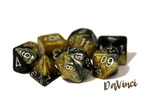 Dice Gate Keeper Games - Halfsies Dice - Black and Gold - Da Vinci - Set of 7 - Cardboard Memories Inc.