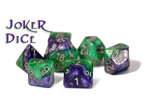 Dice Gate Keeper Games - Halfsies Dice - Puzzling Purple and Grin - Green Joker - Set of 7 - Cardboard Memories Inc.